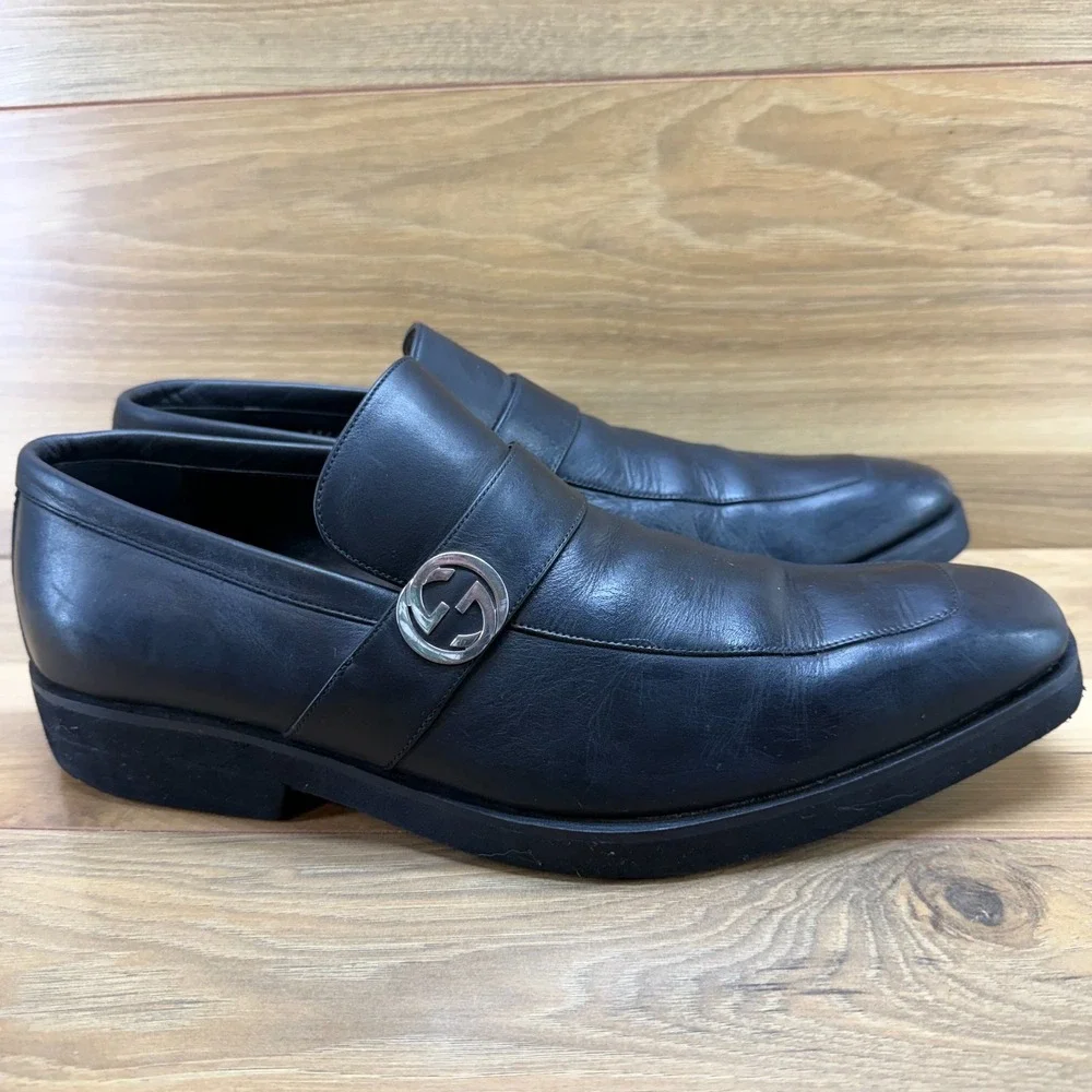 GUCCI Broadwick GG Medallion Mens 10.5 D Black Leather Square Toe Dress Formal